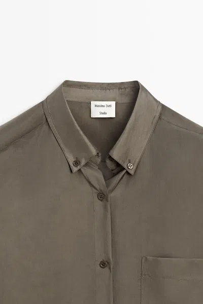 Massimo Dutti Flowing Satin Pocket Shirt In Brown