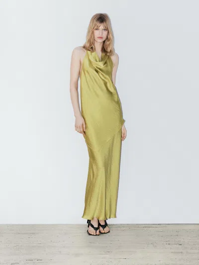 Massimo Dutti Flowing Satin Top With Bow Detail In Green