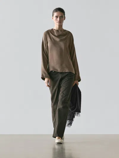 Massimo Dutti Flowing Shirt With Draped Detail In Brown