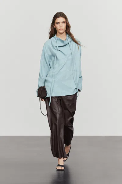 Massimo Dutti Flowing Shirt With High Neck And Drawstring Detail In Blue
