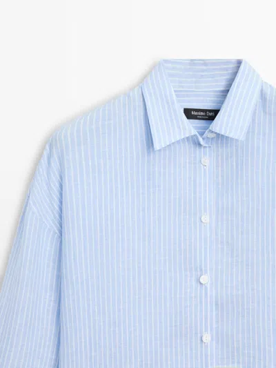 Massimo Dutti Flowing Striped 100% Linen Shirt In Blue