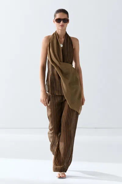 Massimo Dutti Flowing Striped Pants With Hem Button Detail In Dark Khaki