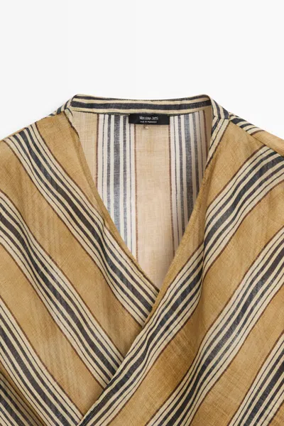 Massimo Dutti Flowing Striped Ramie Blend Wrap Top In Neutral