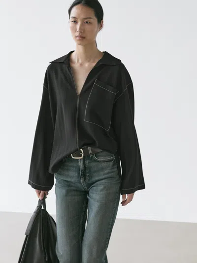 Massimo Dutti Flowing Wool Blend Overshirt With Pocket Detail In Black