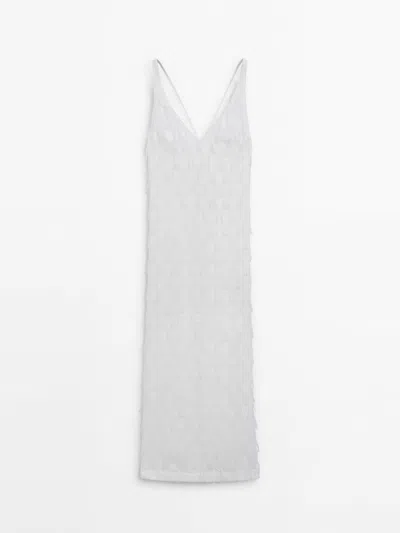 Massimo Dutti Trägerkleid Ausbrennermuster Ausgefranst In White