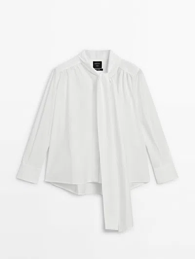 Massimo Dutti Gathered Cotton Shirt With Contrast Buttons In White