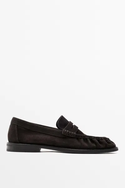 Massimo Dutti Gathered Split Suede Leather Loafer In Brown