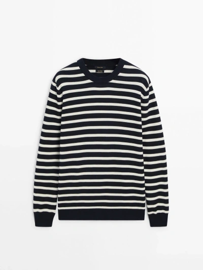 Massimo Dutti Striped Knit Crew Neck Sweater In Marineblau