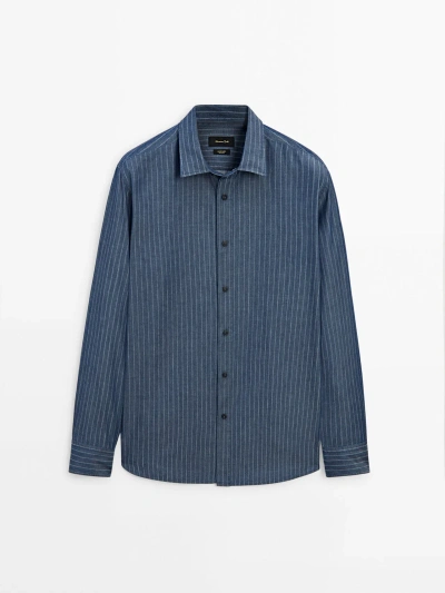 Massimo Dutti Regular Fit Striped Cotton Denim Shirt In Dark Blue