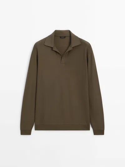 Massimo Dutti Textured Cotton Blend Polo Shirt In Olivgrün