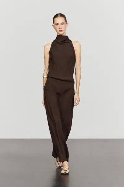 Massimo Dutti Halter Midi Dress With Sash Detail In Brown