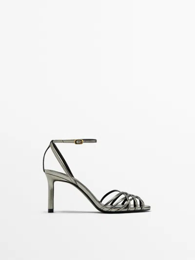 Massimo Dutti Heeled Cage Sandals In Silver