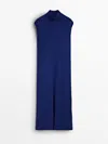 Massimo Dutti High Neck Knit Dress With Opening In Blau