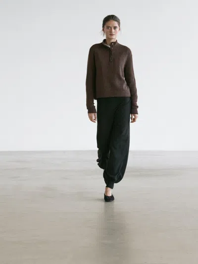 Massimo Dutti High Neck Knit Sweater With Snap Buttons In Brown