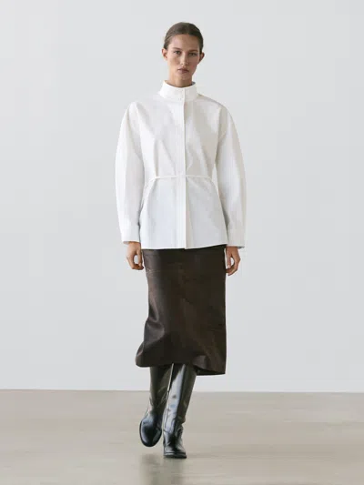 Massimo Dutti High Neck Shirt With Strap Detail In White
