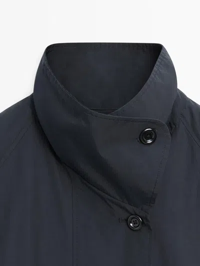 Massimo Dutti High Neck Technical Trench Coat In Blue