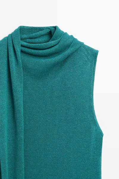 Massimo Dutti High Neck Top With Scarf Detail In Green