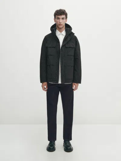 Massimo Dutti Hooded Down And Feather Puffer Jacket In Black
