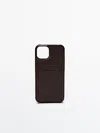 Massimo Dutti Leather Iphone 14 Case With Card Slot In Brown