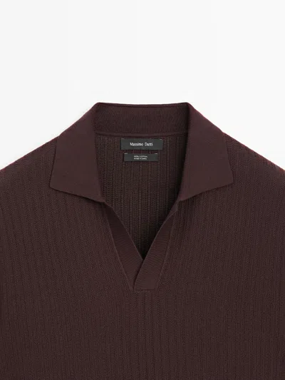 Massimo Dutti Jacquard Knit Polo Sweater In Brown