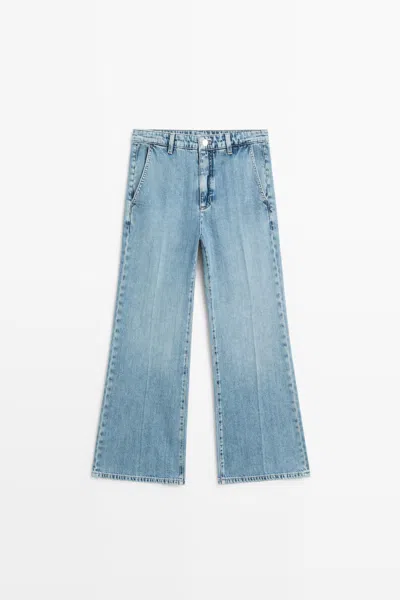 Massimo Dutti Jeans Flare Fit Cropped Tiro Alto In Blue