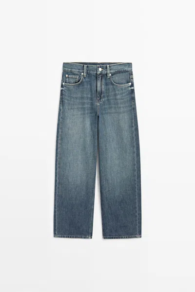 Massimo Dutti Jeans Wide Leg Cropped Tiro Medio In Blue