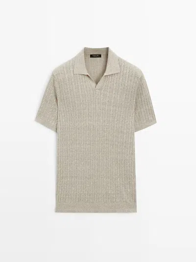 Massimo Dutti Jersey Polo Punto Trenzado Lino Algodón In Green