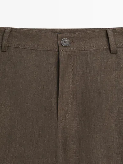 Massimo Dutti Kick Flare Cropped Linen Trousers In Brown