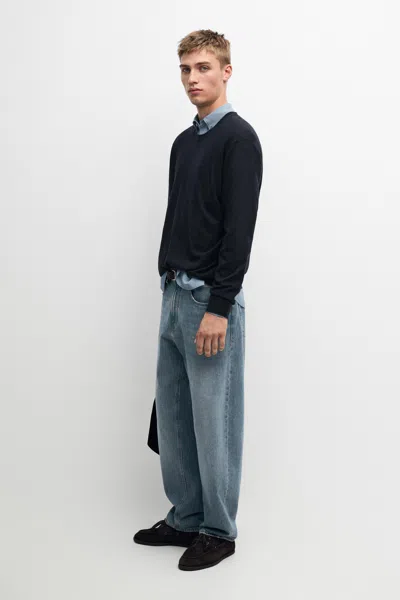Massimo Dutti 100% Cashmere Crew Neck Sweater In Navy Blue