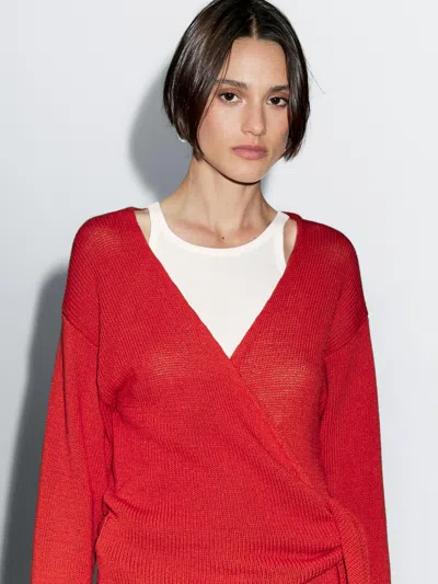 Massimo Dutti Knit Cardigan With Belt Detail In Red