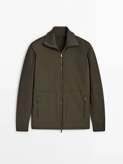 Massimo Dutti Knit Cardigan With Contrast Quilted Fabric In Helles Khaki