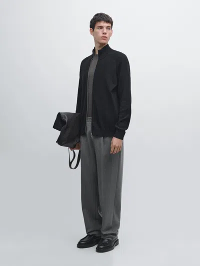 Massimo Dutti Knit Cotton Blend Cardigan With Raglan Sleeves In Black