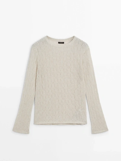Massimo Dutti Knit Crew Neck Sweater With Wavy Detail In Sand