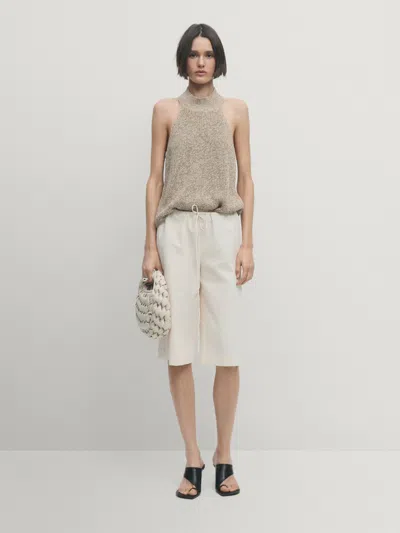 Massimo Dutti Neckholder-stricktop Mit Kombiniertem Garn In Sand