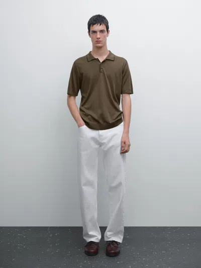 Massimo Dutti Knit Polo Shirt With Coloured Collar Detail In Brown