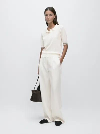 Massimo Dutti Knit Polo Shirt With Sleeve Detail In White