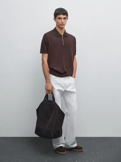 Massimo Dutti Knit Polo Shirt With Zip Collar In Brown