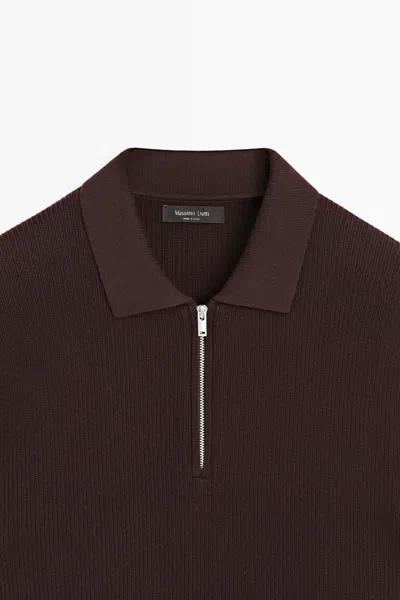 Massimo Dutti Knit Polo Sweater With Quarter In Burgundy