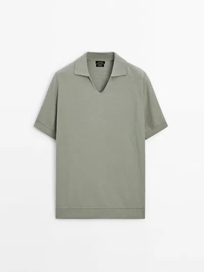 Massimo Dutti Knit Polo Sweater With Short Sleeves In Greyish Green