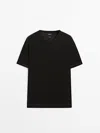 Massimo Dutti Knit Short Sleeve Linen Sweater In Black