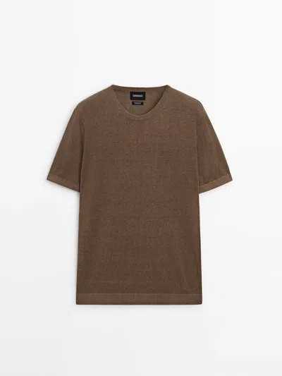 Massimo Dutti Knit Short Sleeve Linen Sweater In Ochre