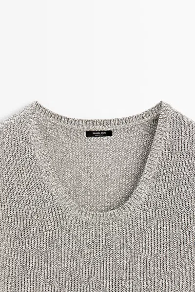 Massimo Dutti Knit Short Sleeve Sweater With Thread Detail In Gray
