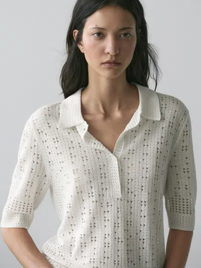 Massimo Dutti Knit Sweater With A Polo Collar In White