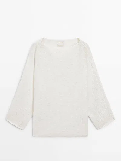 Massimo Dutti Knit Sweater With Open Neck In Cream