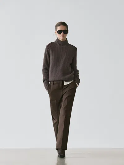 Massimo Dutti Knit Sweater With Shoulder Detail In Brown