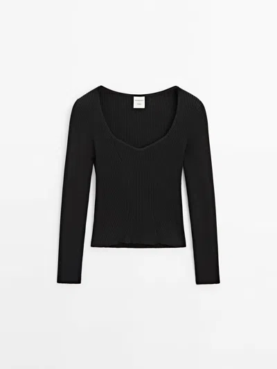Massimo Dutti Knit Sweetheart Neckline Sweater In Schwarz