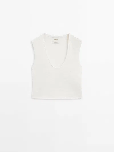 Massimo Dutti Knit Top With Neckline Detail In Cream