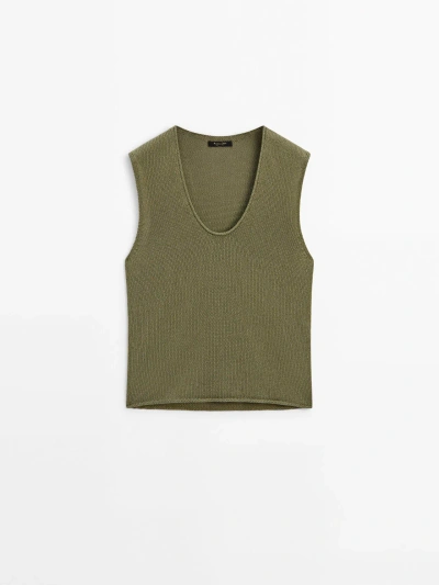 Massimo Dutti Knit Top With Neckline Detail In Greenish