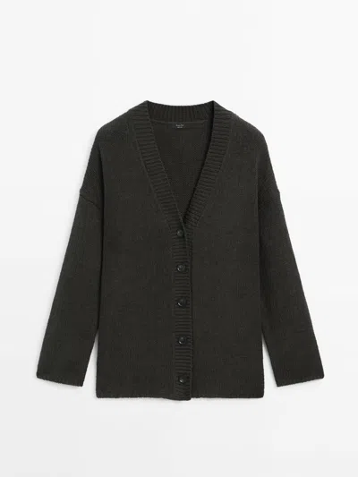 Massimo Dutti Knit V-neck Cardigan With Buttons In Dark Green