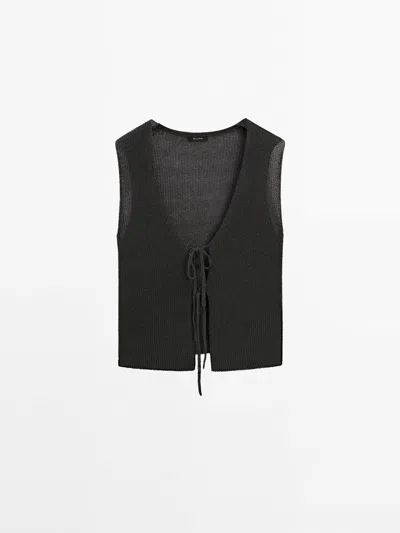 Massimo Dutti Knit Vest With Tie Details In Silver